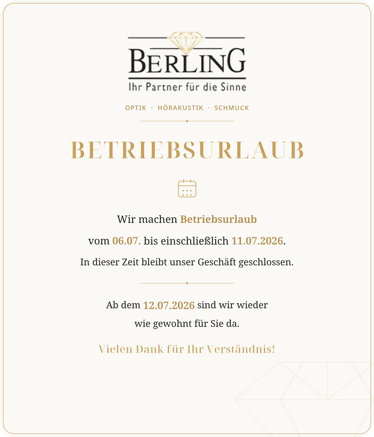 Betriebsurlaub vom 06.07. bis einschließlich 11.07.2026